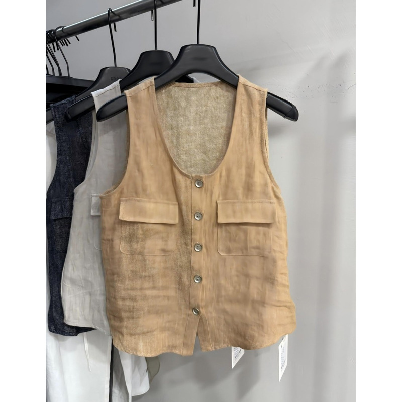 Fashionable Old Money Style Multi-Pocket Design U-Neck Cotton and Linen Sleeveless Top for Women, New Summer 2026 Vest Top