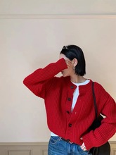 法式復古風洋氣紅圓領精棒針長袖針織開衫外套秋冬厚款羊毛外套女