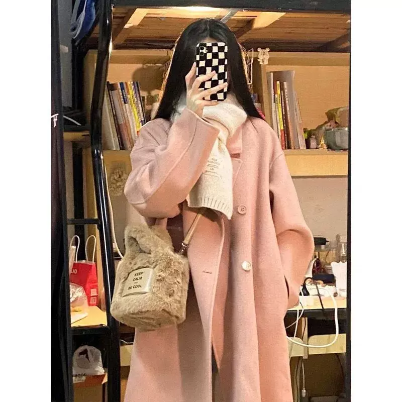 粉色偏薄单层大衣女2023秋冬新款韩系宽松中长款赫本风薄款外套