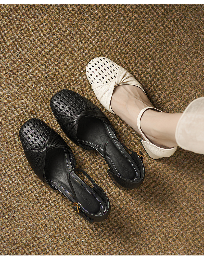 Sandal nữ da cừu mũi nhọn quai khóa một đường gót dày 5 cm — đen chi tiết 6