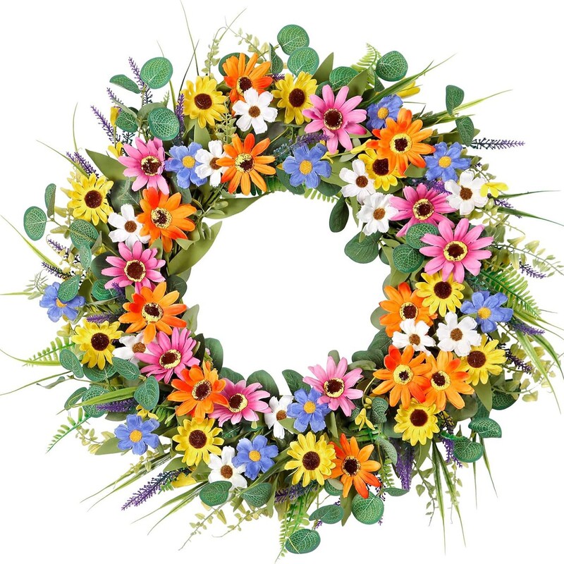 22inch Colorful Daisy Wreath Spring Summer with Green Eucalyptus Leaves for Front Door Artificial Wreath Window Wall Farmhouse Weddi