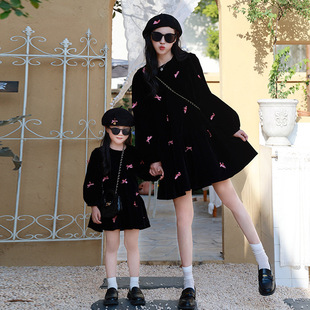 Play together in-laws autumn new mother and daughter dress Korean style sweet bow velvet dress