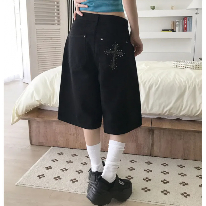 Pp Pocket Leopard Print Cross-Studded Denim Shorts High-Waisted Slimming Versatile Casual Mid-Length Wide-Leg Shorts for Women