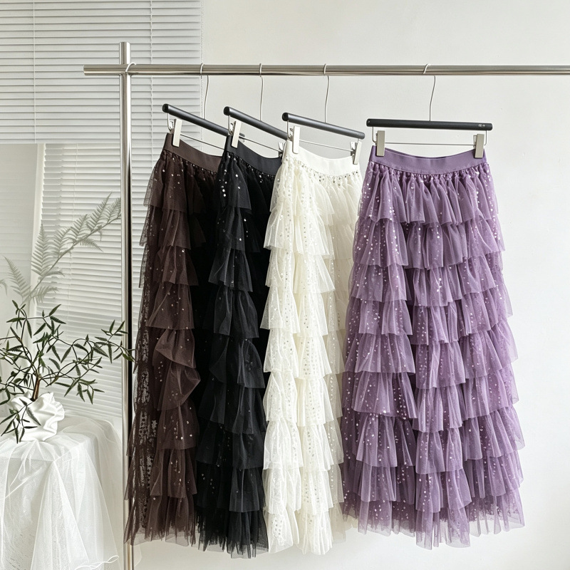 Nuo Chu Real Shot: Heavy Sequined Sparkling Mesh Skirt for Women, Mid-Length Cake A-Line Puffy Skirt Nuo Chu Real Shot: Heavy Sequined Sparkling Mesh Skirt for Women, Mid-Length Cake A-Line Puffy Skirt