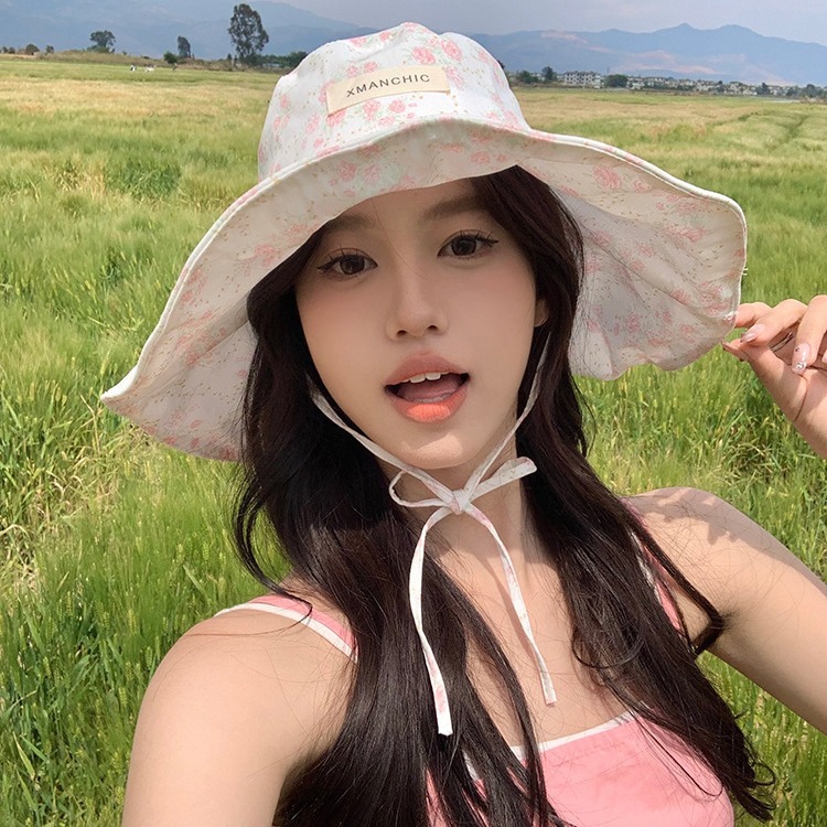 防晒帽女夏季粉色甜美小碎花荷叶边大檐渔夫帽百搭显脸小遮阳帽子