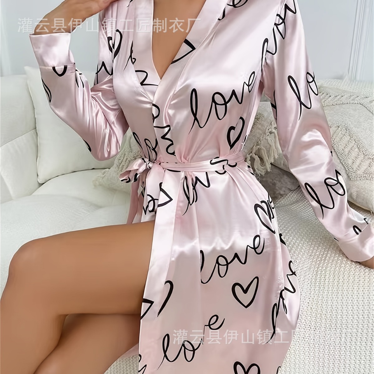 Transfronterizos TEMU mujeres de verano nuevo estilo impresión de seda pijama de mangas largas correa bata de baño corta pijama casero sexy