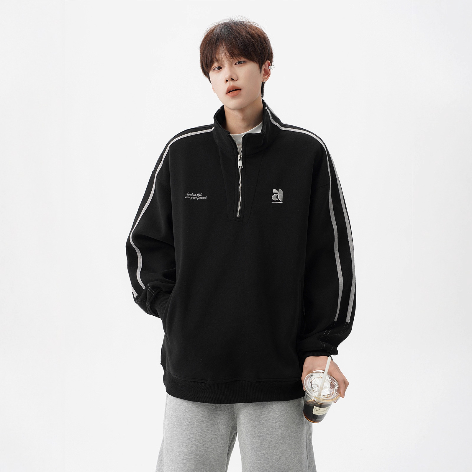 American Striped Stand-up Collar Couple Sweater Men's Autumn Tide Brand Retro Half-zipper Top Design Sense Heavy Sports Jacket_viptrois.com