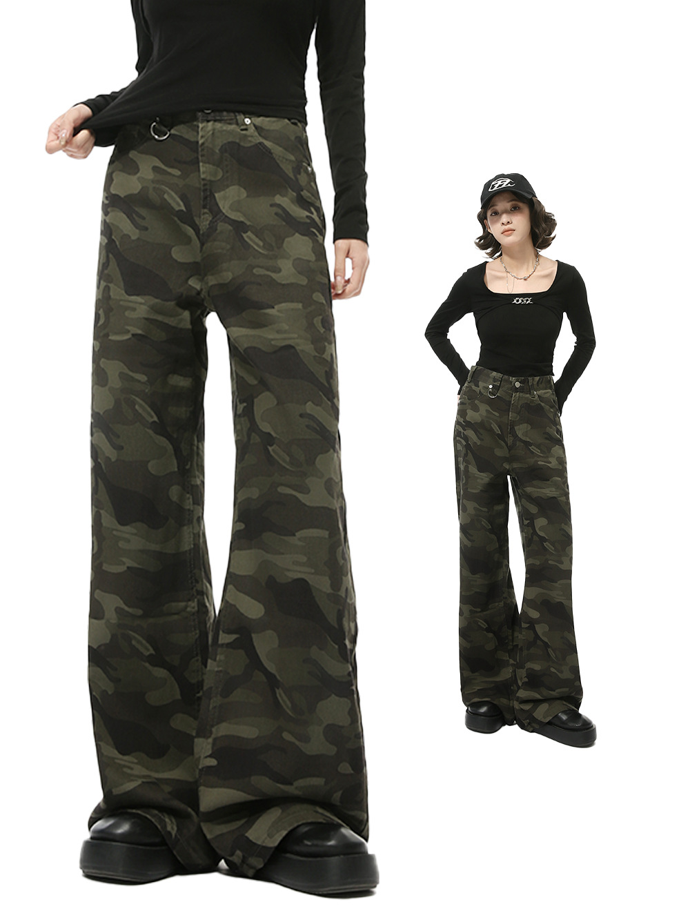 MTLCLOTHES Hombres| América suelta versátil sensación vertical de piernas anchas deslizantes tendencia de jeans camuflados