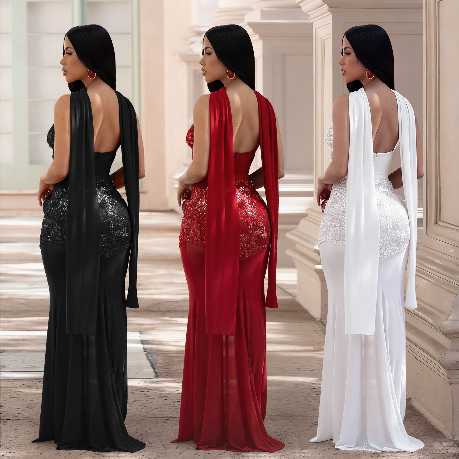 C7647 cross-border AliExpress Amazon Europa y América moda de mujer sexy tela de malla collar v vestido de cuentas
