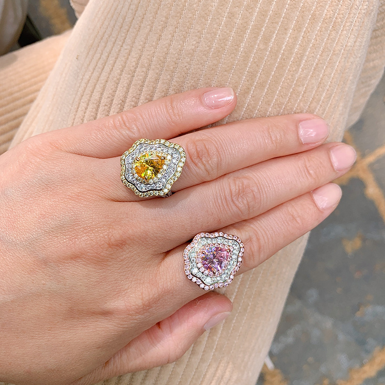 New Pink Diamond with Micro Setting Pear shaped Ring, Colorful Jewelry, Exaggerated Zircon Ring for Women_voghion.com