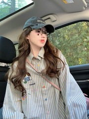 蓝色条纹衬衫女设计感小众2025早春新款重工卡通刺绣美式宽松上衣