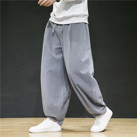Pantalones largos de lino sueltos de primavera y otoño de estilo chino, pantalones largos de pierna ancha de talla grande más gordos, pantalones harem casuales de algodón y lino