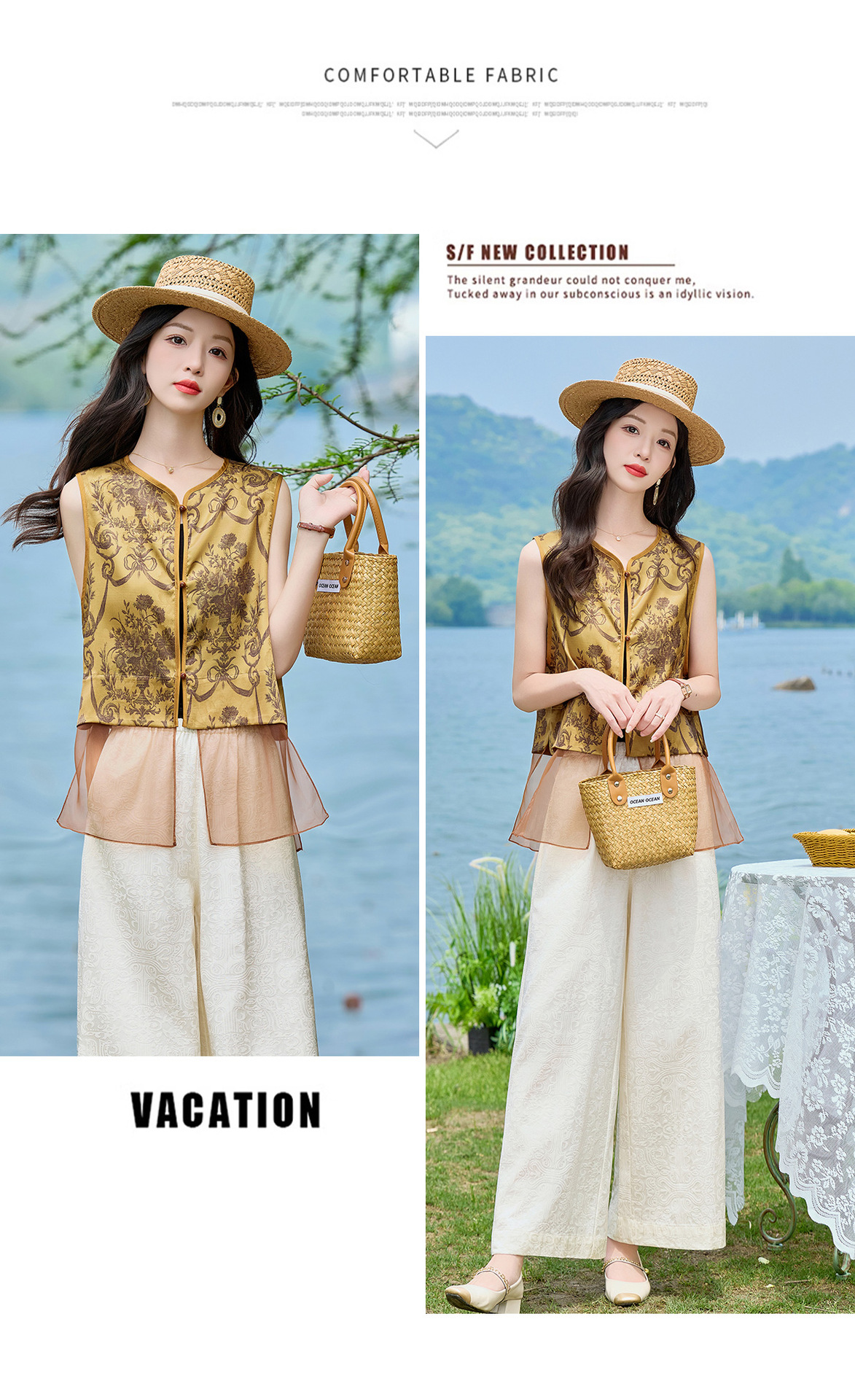 Bộ áo vest gile in họa tiết và quần ống suông phối đồ vintage nữ — Bầu hồ lô, Màu vàng chảy chi tiết 22