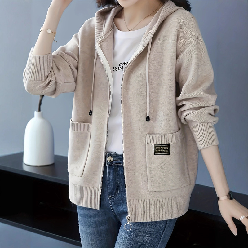 European Size Cross-Border High-End Hooded Sweater Jacket for Women, Loose Zipper Knit Cardigan for Autumn and Winter Outerwear