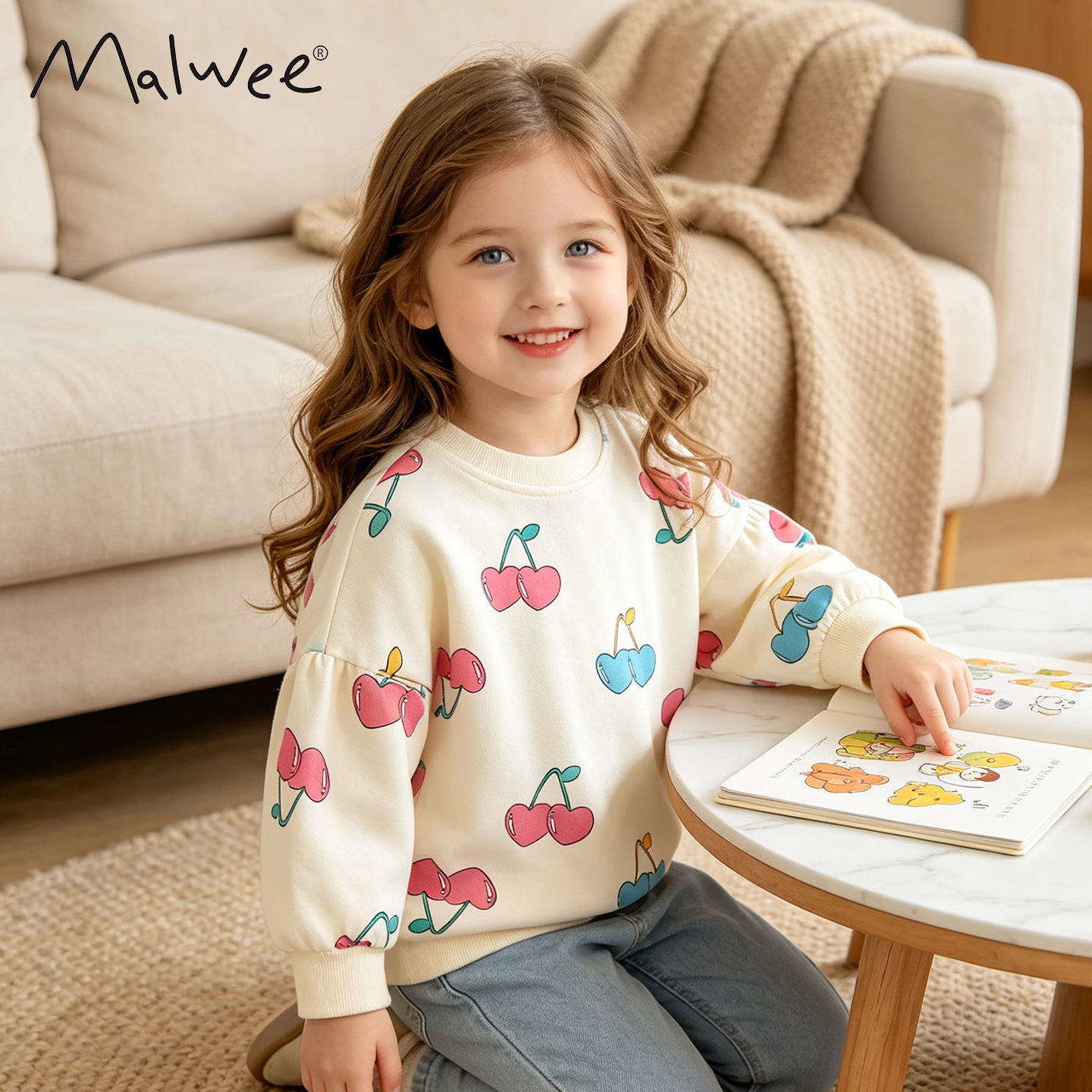 Malwee children's sweatshirt, new autumn and winter style, European and American style, round neck, long sleeve, fashionable little girl children's clothing top.