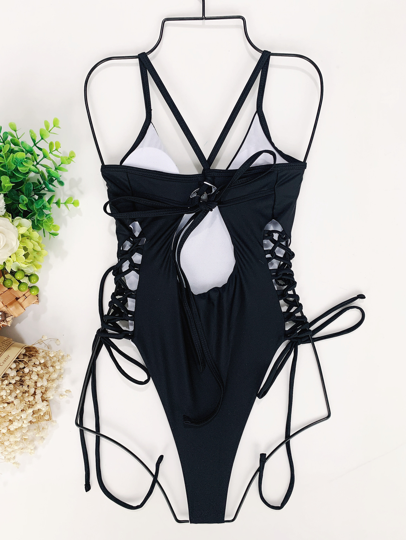 Solid Color V Neck Sling Backless Lace-Up One-Piece Swimsuit NSCSM112545