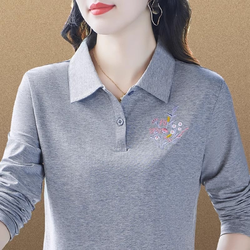 [95% Cotton, 50% Spandex] New Versatile Fashion Polo Shirt Top, Autumn High-End Embroidered Collar Long Sleeve