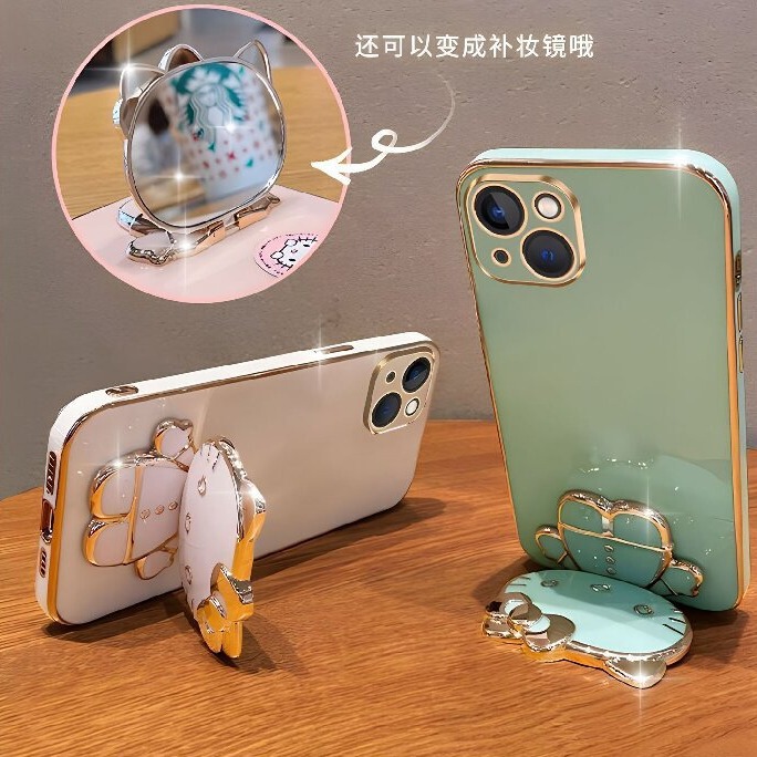 KT Cat Mobile Phone Back Sticker Bracket 360 Rotating Cartoon Electroplating with Makeup Mirror Cute Girl Mobile Phone Case Decoration