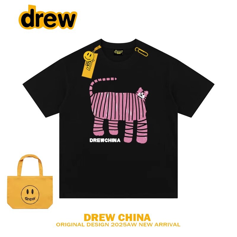 Drew American-Style Trendy Brand Tiger Fun Print Short-Sleeve T-Shirt for Men and Women, Couple's Harajuku Loose Cotton Top, Ins Trend Drew American-Style Trendy Brand Tiger Fun Print Short-Sleeve T-Shirt for Men and Women, Couple's Harajuku Loose Cotton Top, Ins Trend