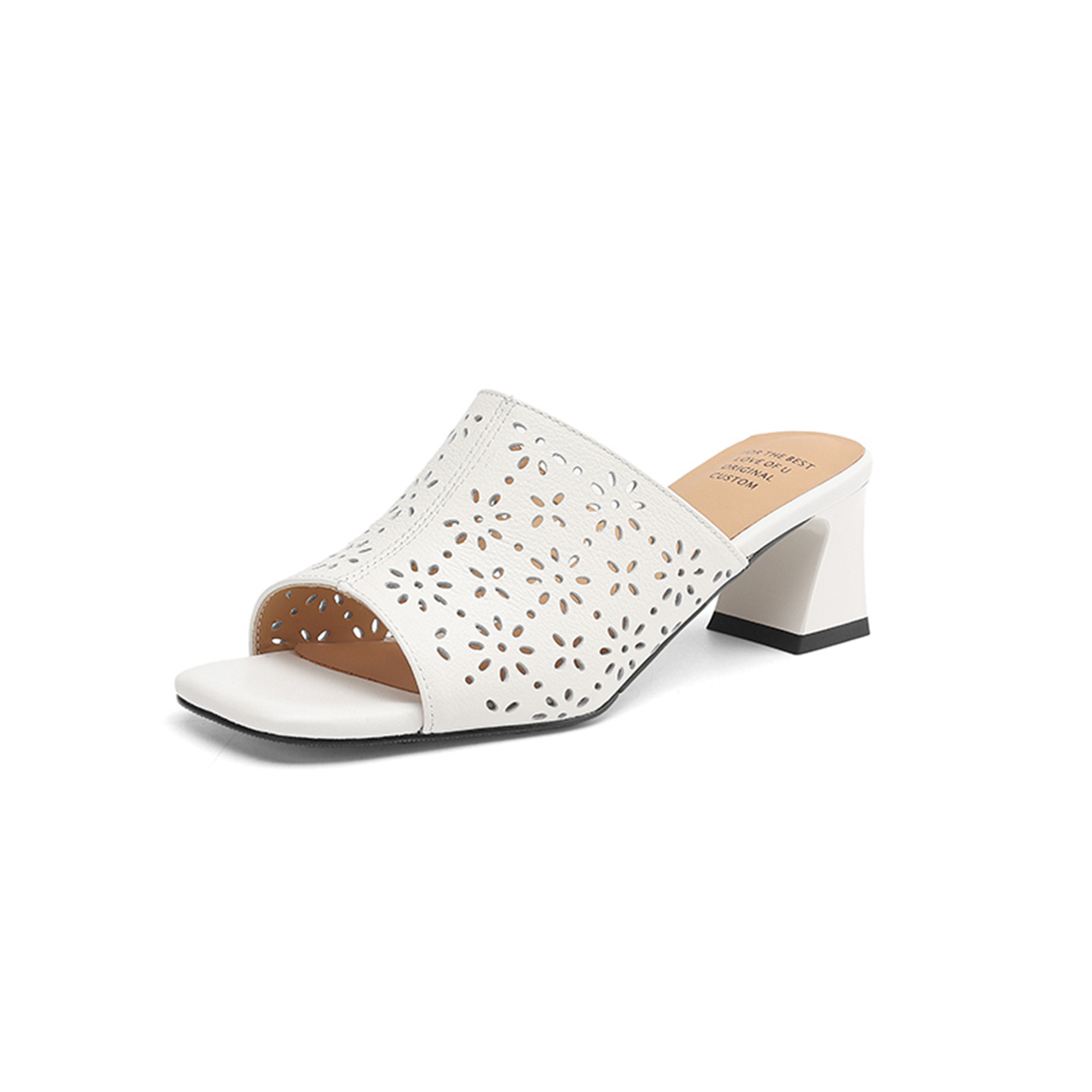 Sandal cao gót nữ hở mũi quai ngang da bò đục lỗ, gót 5 cm — đen