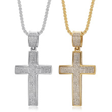 欧美跨境嘻哈HIPHOP饰品  钛钢镀金满钻十字架吊坠项链
