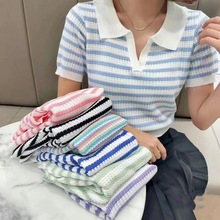 2024夏季韩版新款撞色条纹V领亮丝短袖T恤女士修身显瘦针织衫上衣