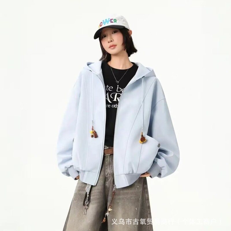 Spring new matte PU leather hooded jacket with vintage pendant design, couple's style, trendy
