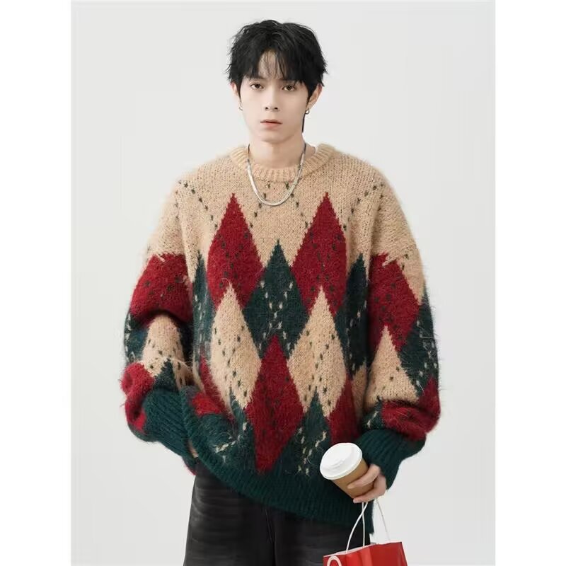 American Style Retro Rhomboid Christmas Sweater Autumn and Winter Loose Lazy Style Knitted Sweater Design Sense Thickened Western Style Top