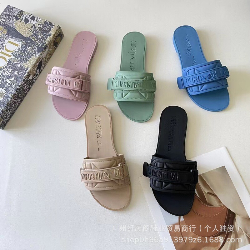 Embroidered Foreign Trade Slippers New Style Letter Velcro Outer Wear Beach One-Line Casual Sandals for Women