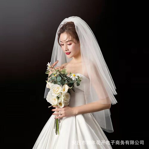 New white bridal veil covering the face, multi-layer short Korean style plain veil wedding dress photo studio photo shoot veil puffy style