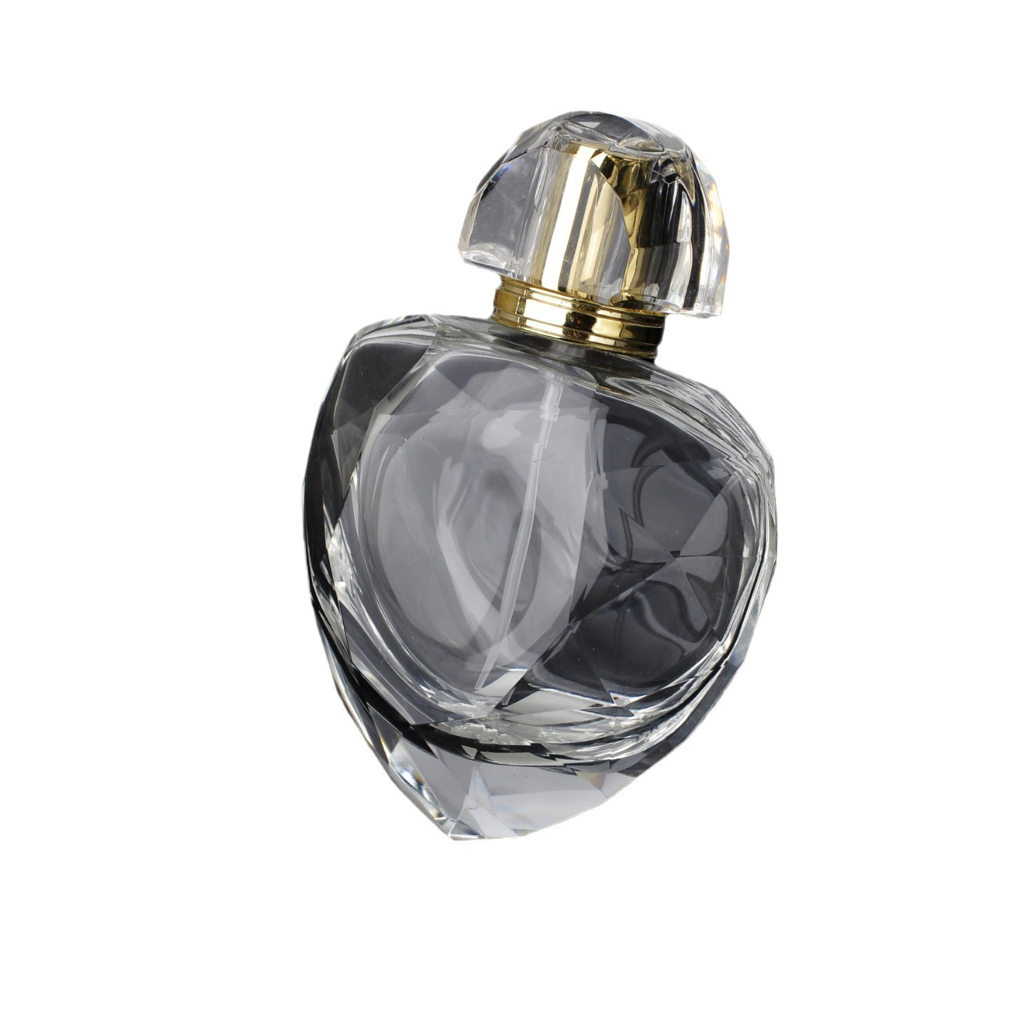 Botella de perfume pulida de cristal de alta gama de 75 ml con tapa y pulverizador de aleación plástica, personalizable con logotipo, con forma de corazón de moda.