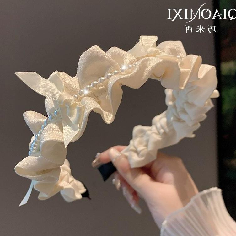 Verano coreano nuevo satén auricular borde perla temperamento dulce alta cráneo craneal tarjeta de cabello simple brazalete de cabeza universal