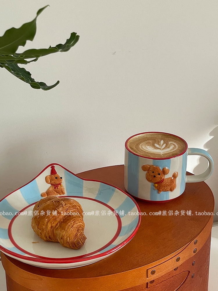 2TOE可爱手绘釉下彩修勾陶瓷餐具套装马克杯咖啡杯早餐甜品盘礼物