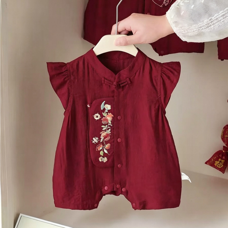 Baby Summer National Style Romper, Baby's One-Year-Old Formal Wear, New Chinese Style Red Festive Sleeveless Jumpsuit, Full-Month Crawling Suit