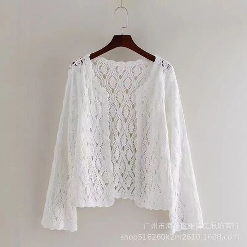 Mesh short-sleeve sun protective jacket for women, suitable for outerwear, layering, and open sweater with embroidery and hollow design.