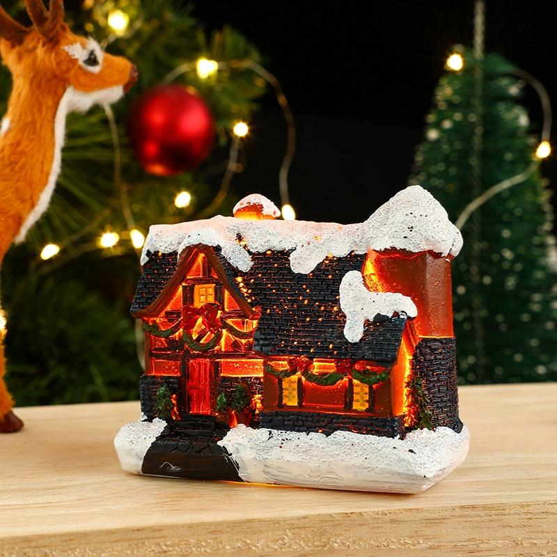 Miniature resin house decorations, micro landscape LED models, battery‑powered, assorted sizes 7–10 cm