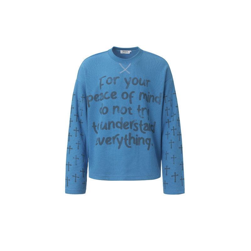American Trendy Retro High End High Street Font Graphic Design Men's Loose Waffle Knit Long Sleeve T-Shirt American Trendy Retro High End High Street Font Graphic Design Men's Loose Waffle Knit Long Sleeve T-Shirt