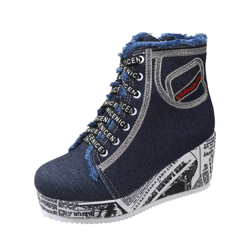 2023 nuevas botas de moda con cordones de punta redonda de lana Comercio exterior de moda más tamaño de cuña inferior inglés zapatos altos