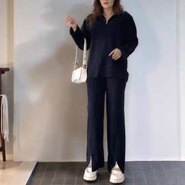 跨境家居服秋冬两件套纯色欧美新款女装坑条针织长袖套装拉链高领