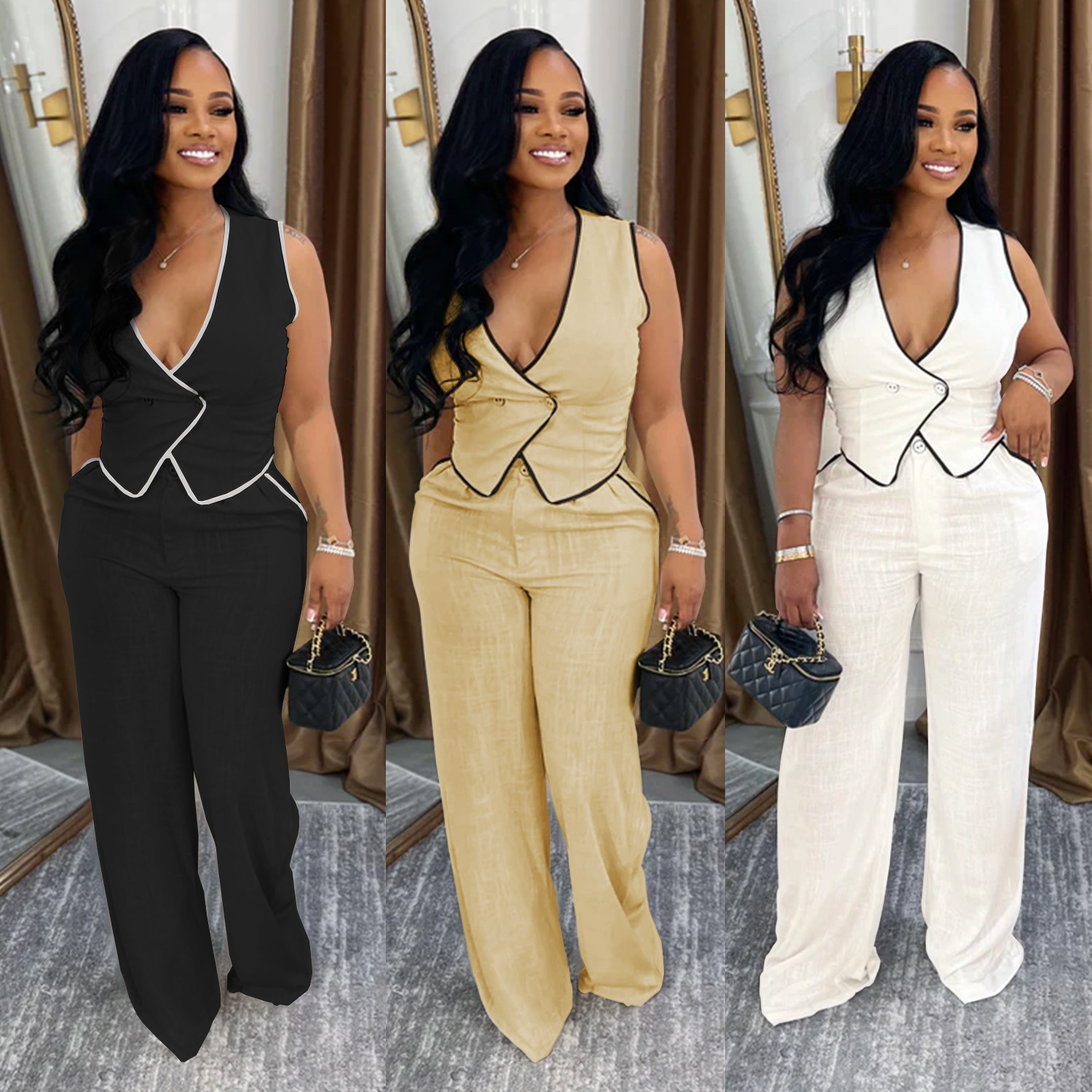 C7402 Cross-Border Aliexpress Amazon European and American Fashion Women's Casual V-Neck Button Top Pants Two-Piece Set New