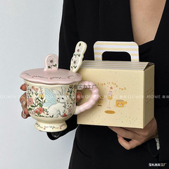 可爱花间兔马克杯卡通带盖带勺陶瓷杯情侣水杯陶瓷杯子高颜值