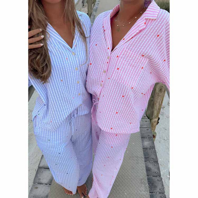 2026 Spring and Autumn Amazon European and American Foreign Trade Women's Striped Heart-Shaped Embroidery Long-Sleeve Long-Pants Home Pajama Set for Women 2026 Spring and Autumn Amazon European and American Foreign Trade Women's Striped Heart-Shaped Embroidery Long-Sleeve Long-Pants Home Pajama Set for Women