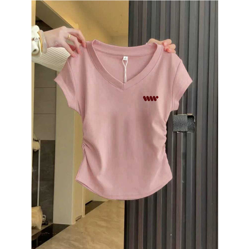 Side Ruched V-Neck Short-Sleeve Women's T-Shirt 2026 New Style, Waist-Cinching, Slim-Fit, Flattering, Lotus Pink Top, Summer Fashion