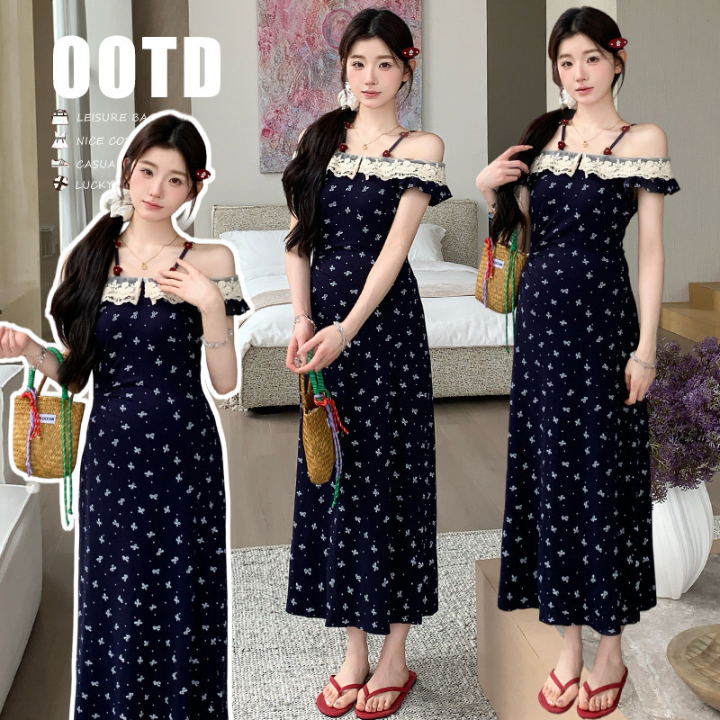 Maternity Wear 2026 Summer New Sweet Style Retro One-Shoulder Two-Way Wear Slimming Belly-Covering Elastic Dress for Going Out Maternity Wear 2026 Summer New Sweet Style Retro One-Shoulder Two-Way Wear Slimming Belly-Covering Elastic Dress for Going Out