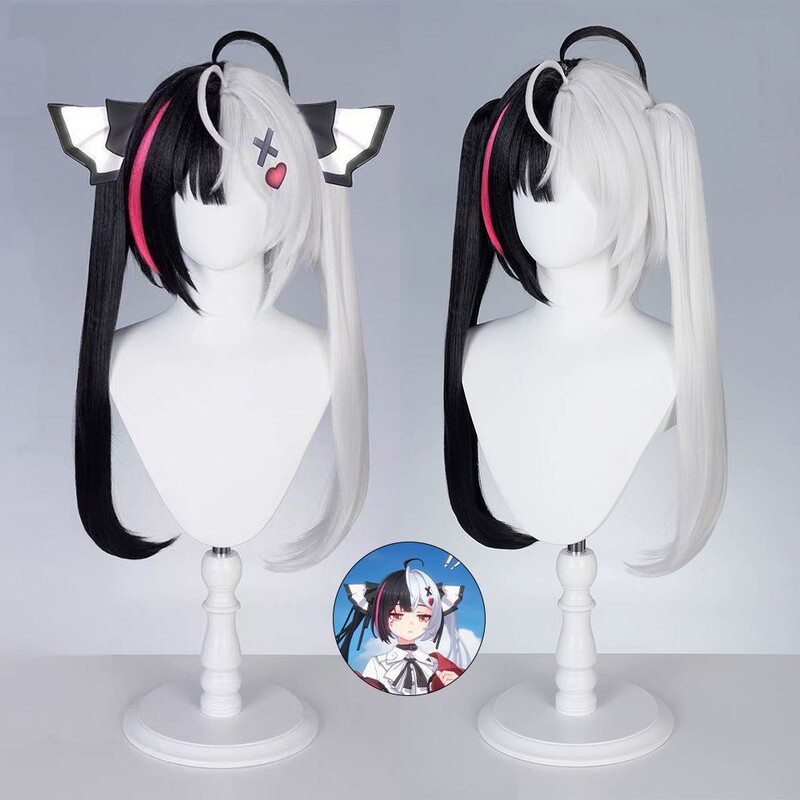 Hot-Selling Rose Net Requiem Cosplay Black and White Highlights Tiger Clip Double Ponytail Wig Female Headgear Factory Wholesale