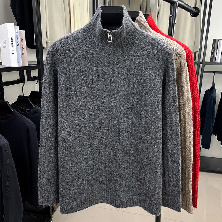 Otoño y invierno medio cremallera suéter de cuello alto hombre grueso calentamiento suelto inserción de mangas de hombro fondo camisa de punto nuevo suéter de hombre