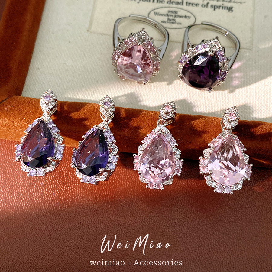 Agujas de plata zircon gotas de agua aretes de anillo de corte estilo delicado aretes ligero lujoso conjunto de joyas de alta calidad