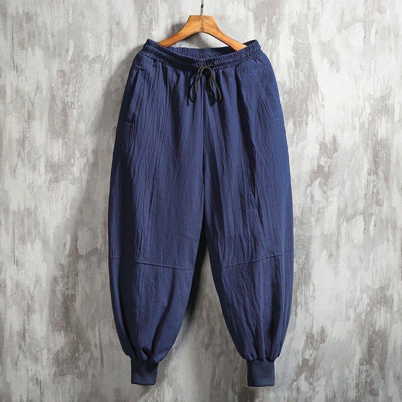 Pantalones casuales de primavera y verano para hombres, pantalones harem de lino de algodón de pierna ancha, pantalones harem, pantalones de linterna ajustados para hombres de tendencia suelta