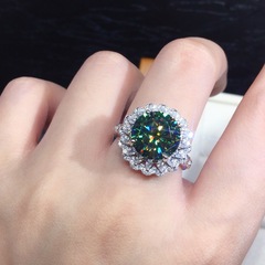 Live Streaming Engraved Maldives Blue-Green Moissanite Ring, Sparkling and Luxurious Open Finger Ring