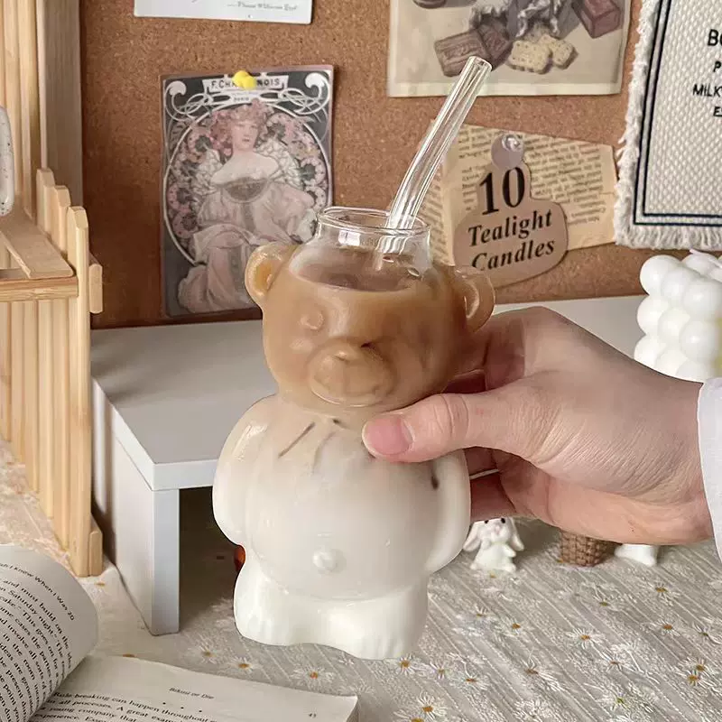 创意小熊吸管杯高硼硅透明玻璃杯可爱卡通咖啡杯家用吸管杯